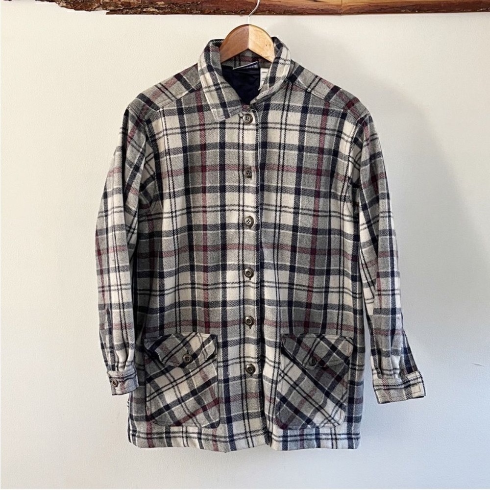 Vintage Erika & Co Plaid Wool Blend Jacket Navy Burgundy Oversized Medium